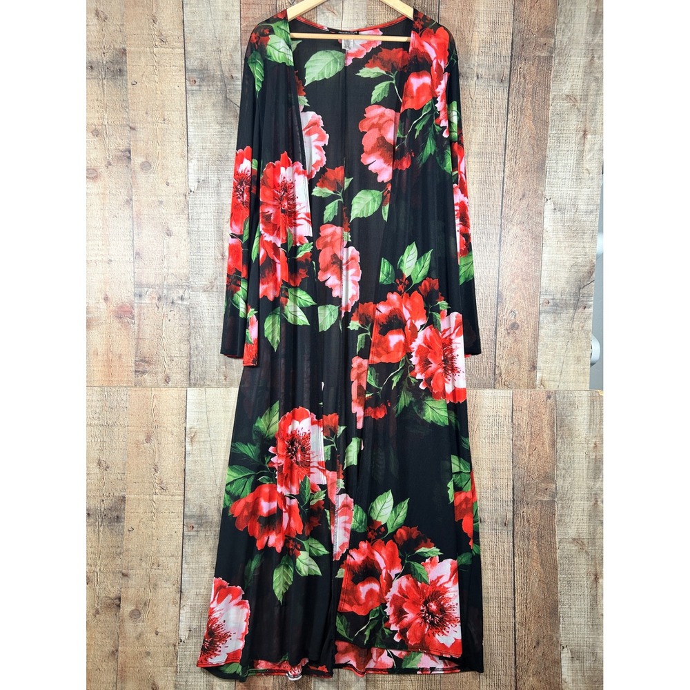 Black Red Floral Mesh Sheer Duster Long Sleeve Stretchy Kimono Fashion Nova 1X
